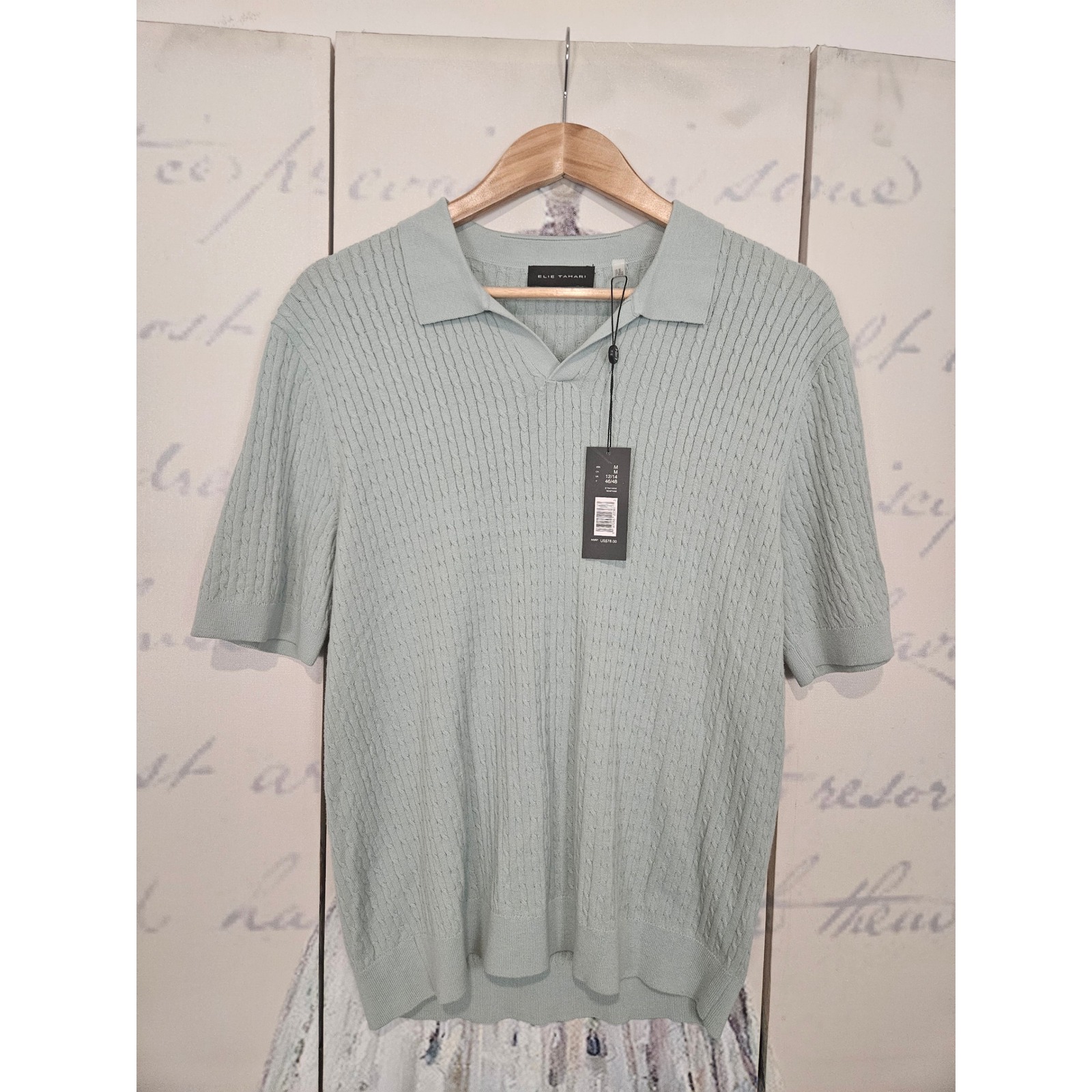 Elie Tahari Womens Seafoam Green Cable Knit Short Sleeve Polo Sweater Size M New